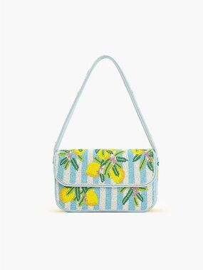 America and Beyond Striped Lemon Beaded Shoulder Bag in Light Blue and Yellow